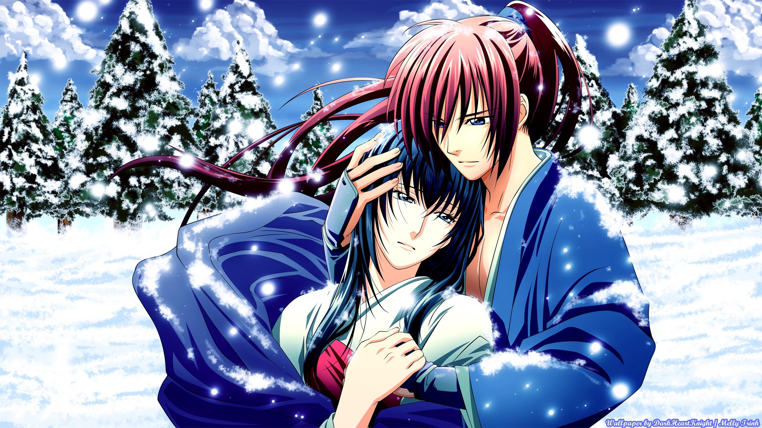 Anime couple in snowy forest