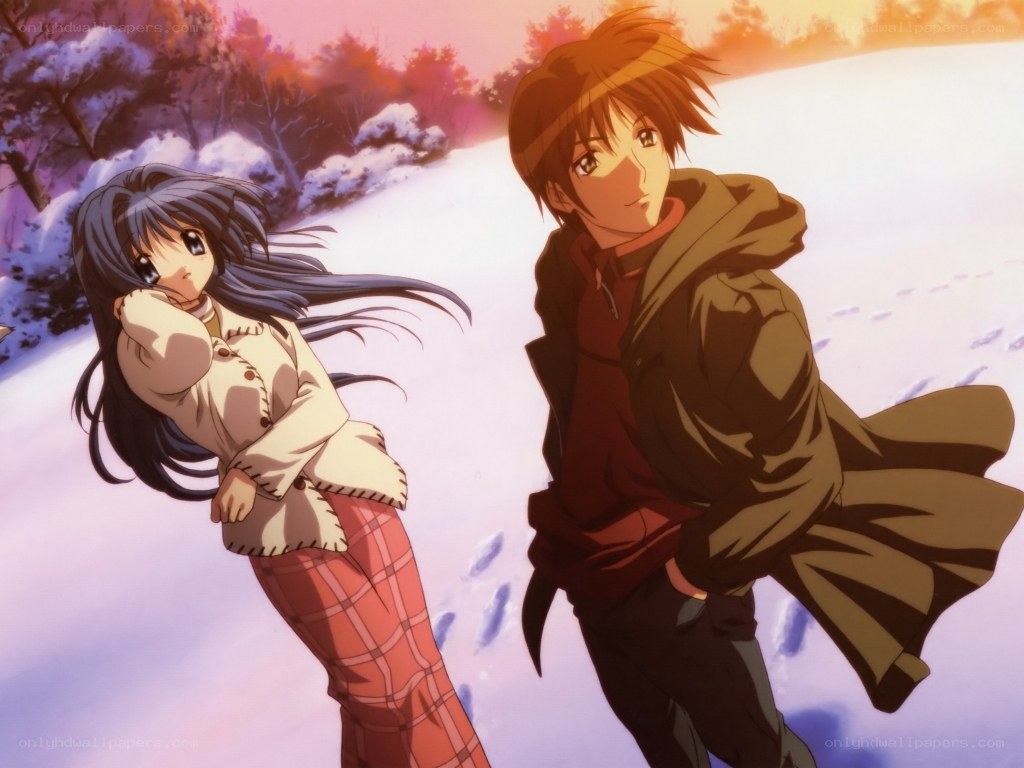 Anime couple in snowy landscape