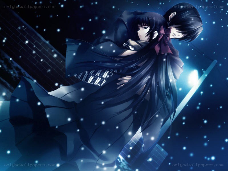 anime couple in snowy night