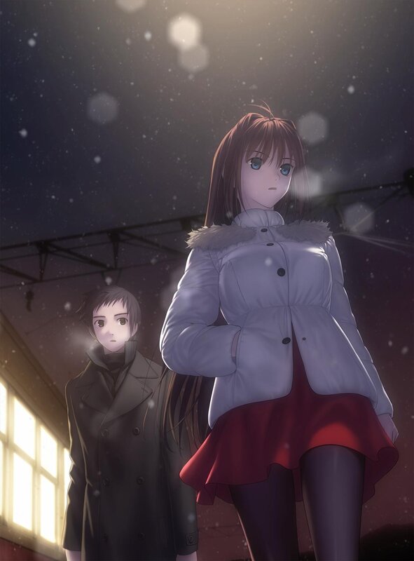 Anime couple in snowy station