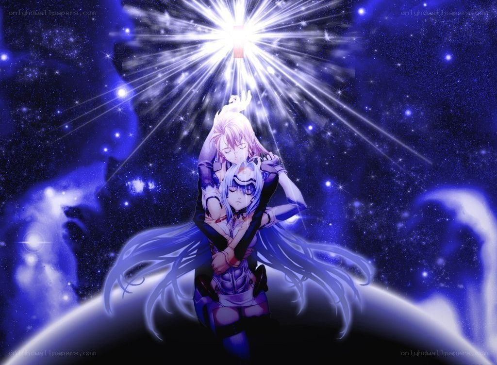 Anime couple in space embrace