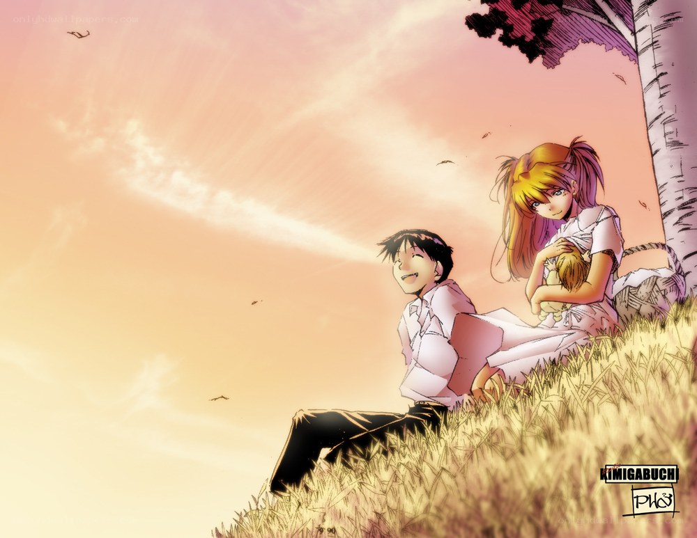 anime couple in sunset