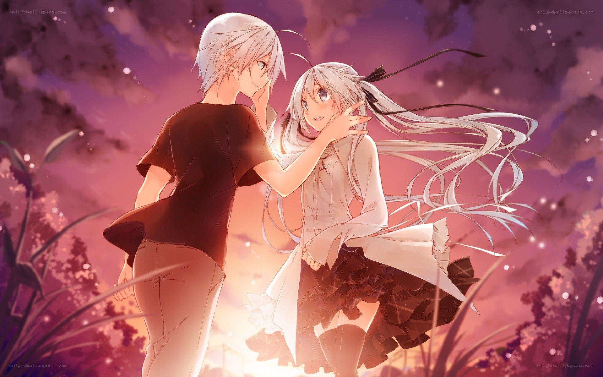 anime couple in sunset
