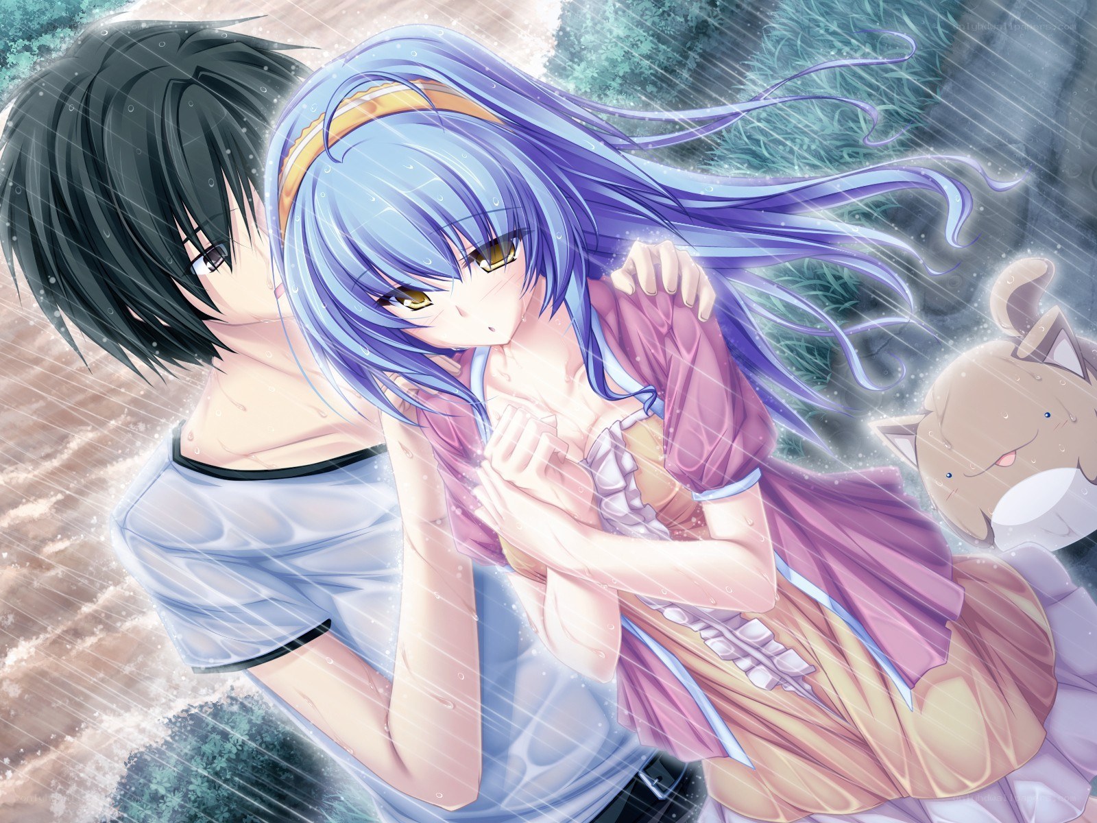 anime couple in the rain