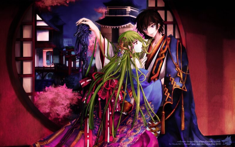 Anime Couple in Traditional Attire — Purple