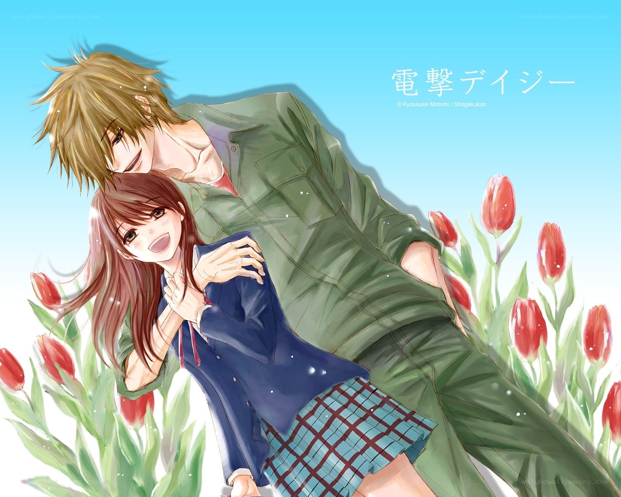 Anime couple in tulip field