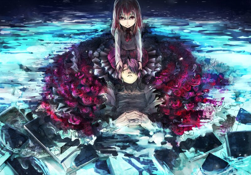 Anime couple in underwater rose garden