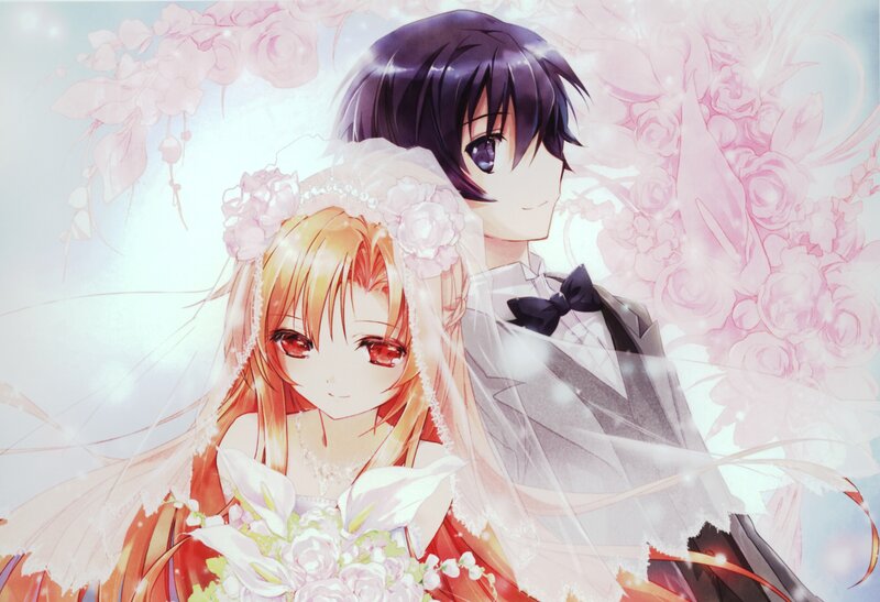 Anime Couple in Wedding Attire — Pink, Romantic, Flowers, Veil