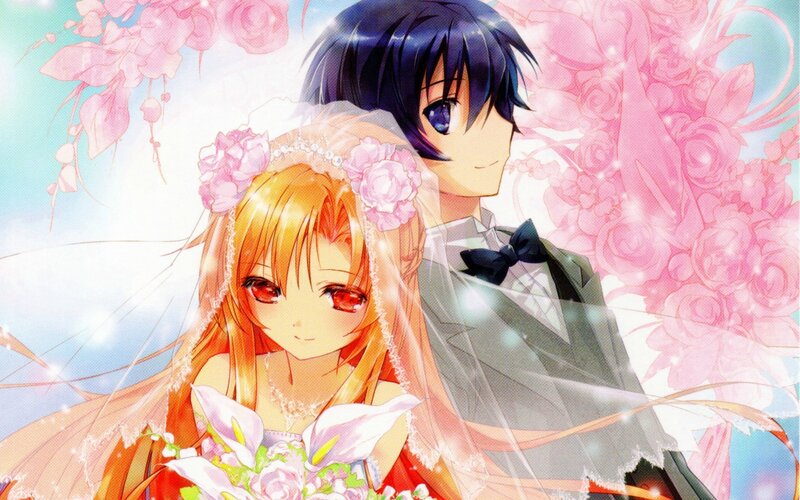 Anime Couple in Wedding Attire — Pink, Romantic, Manga