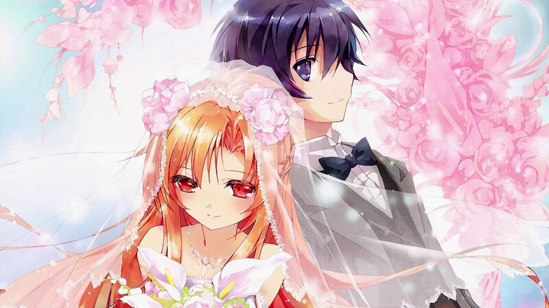 Anime Couple in Wedding Attire — Pink, Romantic, Spring, Flowers, Veil