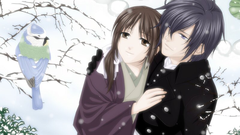 Anime couple in winter scene