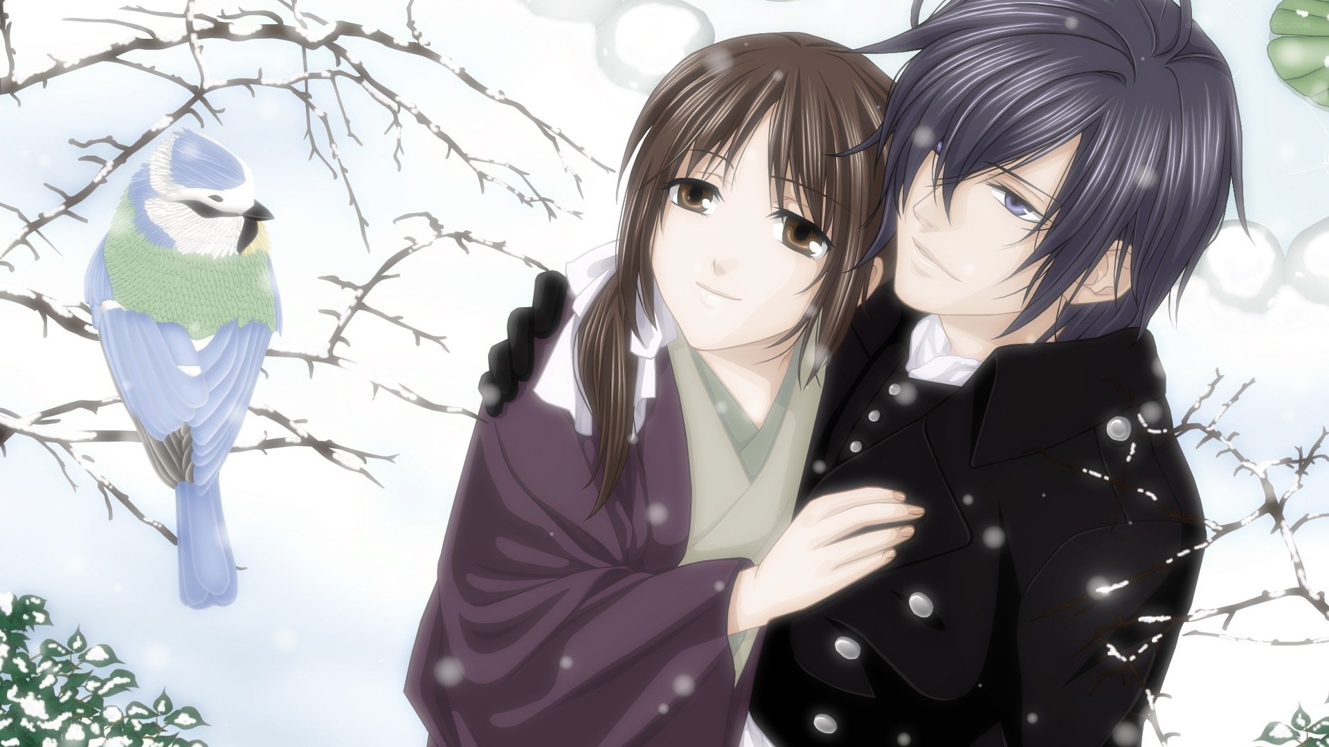 Anime couple in winter scene