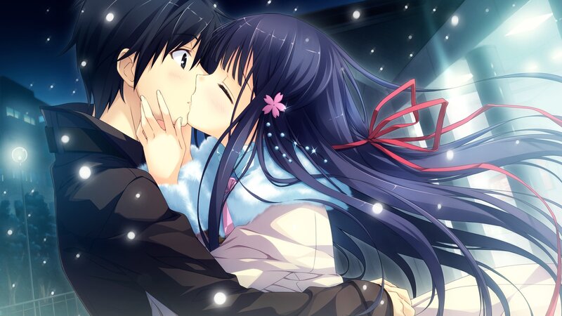 anime couple kissing at night