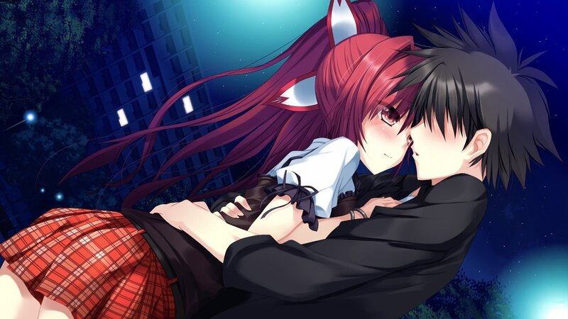 anime couple kissing at night