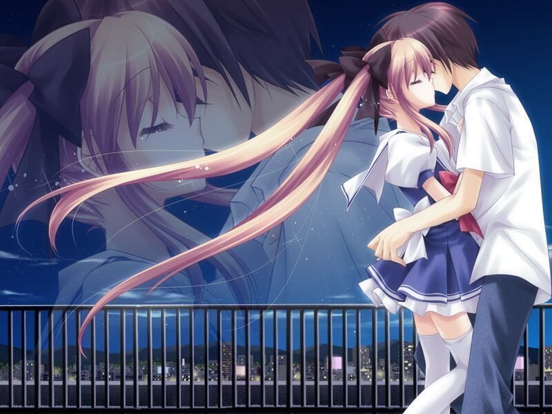 anime couple kissing at night
