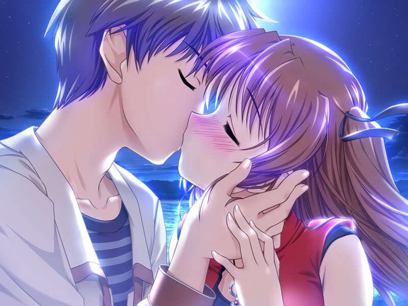 anime couple kissing at night