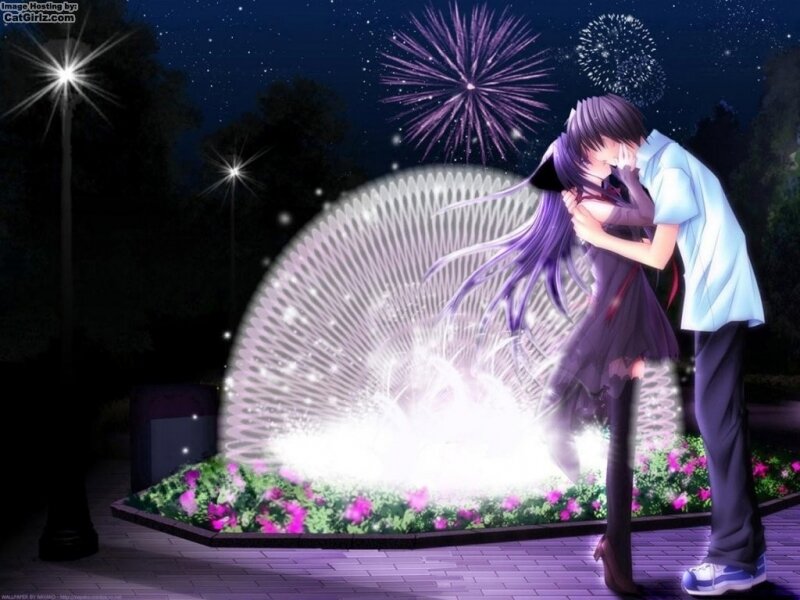 Anime couple kissing at night