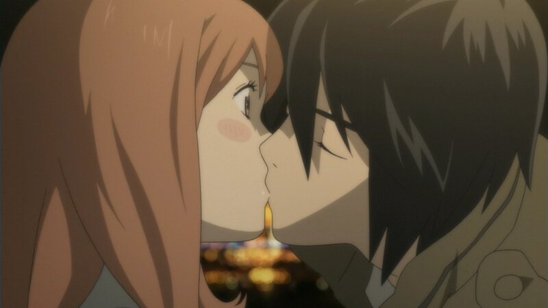 anime couple kissing at night