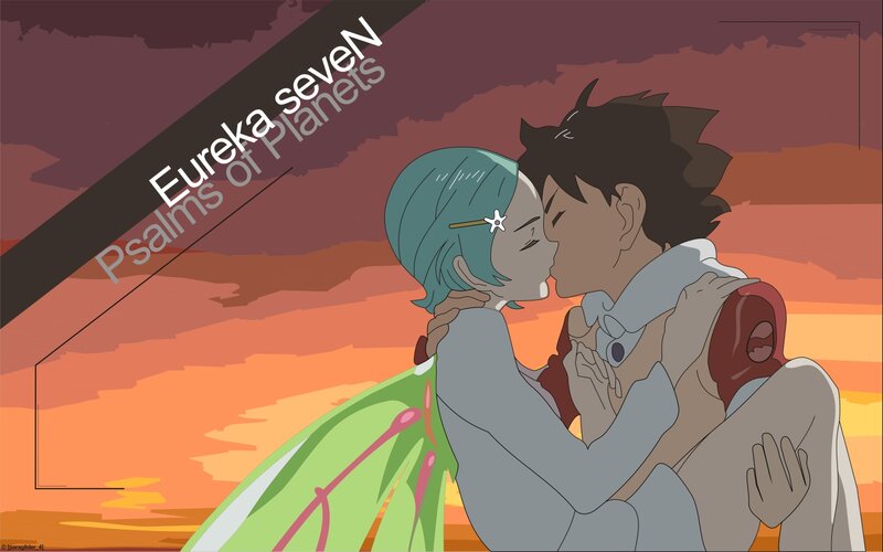 anime couple kissing at sunset