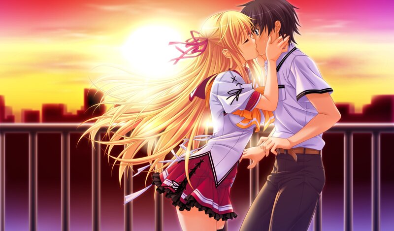 anime couple kissing at sunset