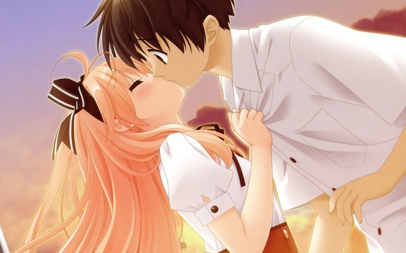anime couple kissing at sunset