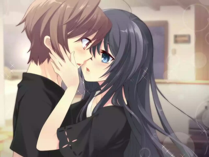 Anime Couple Kissing — Black, Romantic, Long Hair