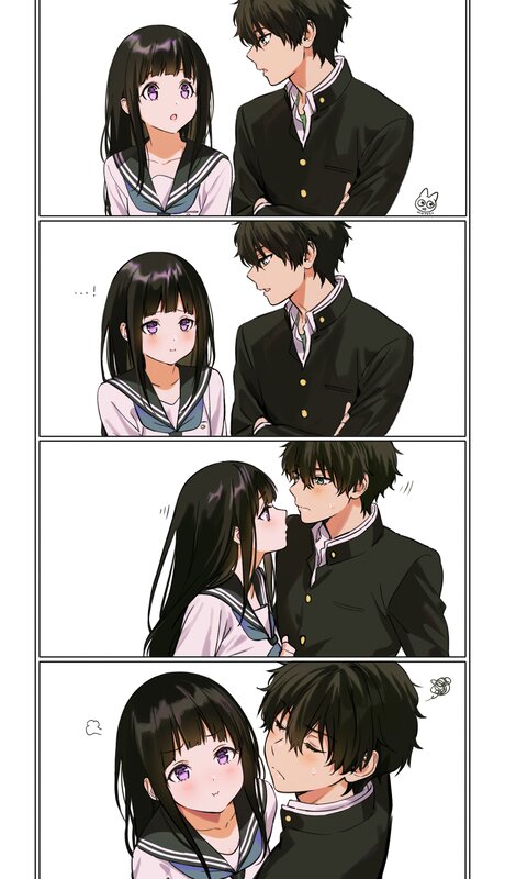 Anime Couple Kissing — Black, Romantic, Manga, School Uniform