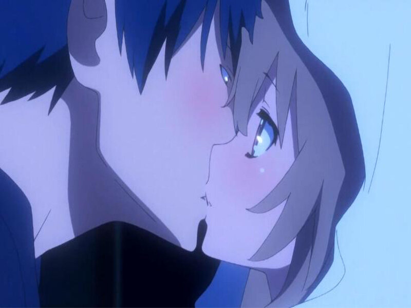 Anime Couple Kissing — Blue, Romantic, Blush
