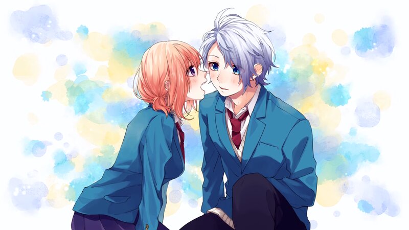 Anime Couple Kissing — Blue, Romantic, Digital Art, School Uniform