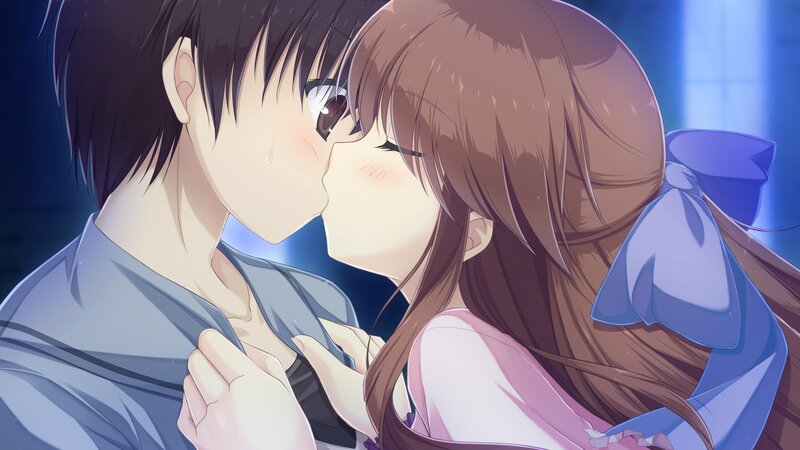 Anime Couple Kissing — Blue, Romantic, Night, Blush