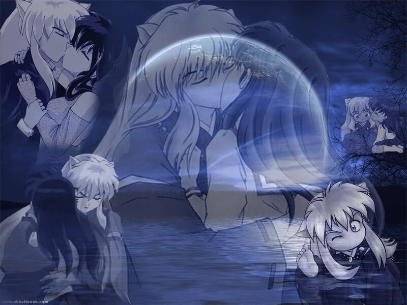 Anime Couple Kissing — Blue, Romantic, Night, Moon
