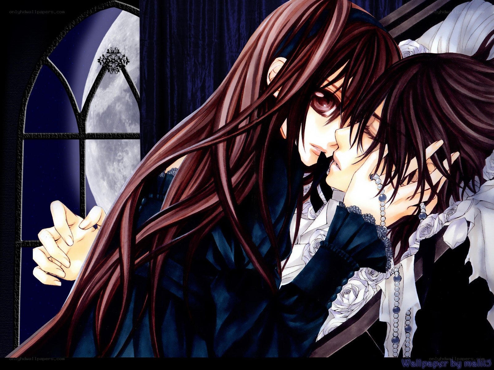 anime couple kissing by moonlight