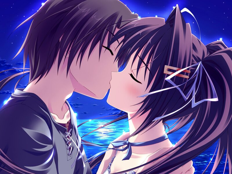 anime couple kissing by the sea