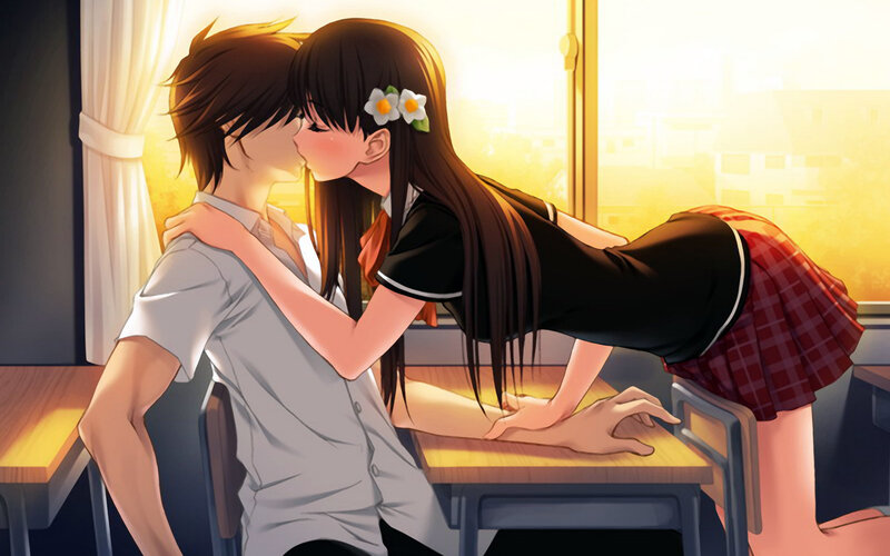 anime couple kissing in classroom