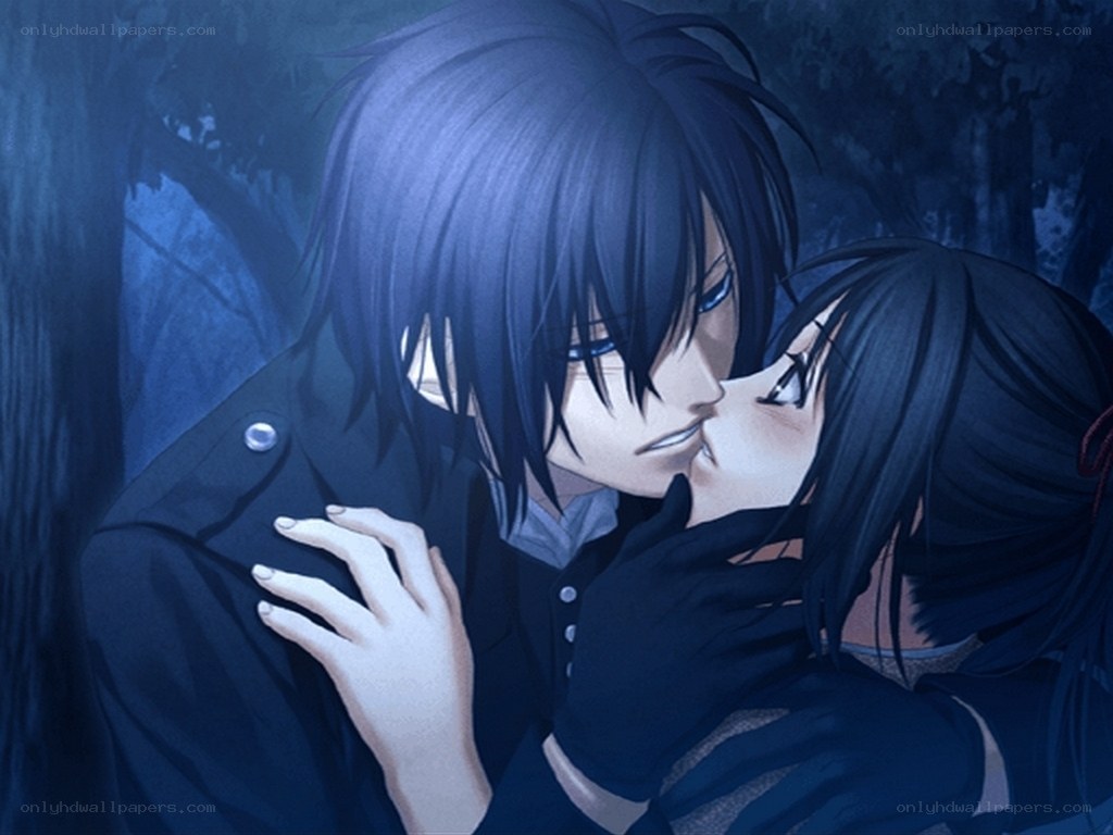 anime couple kissing in forest