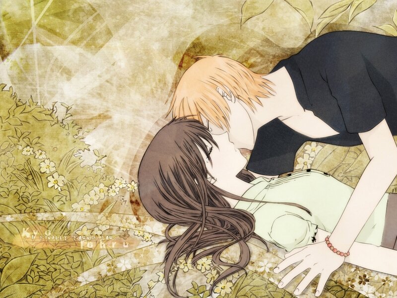 Anime couple kissing in garden