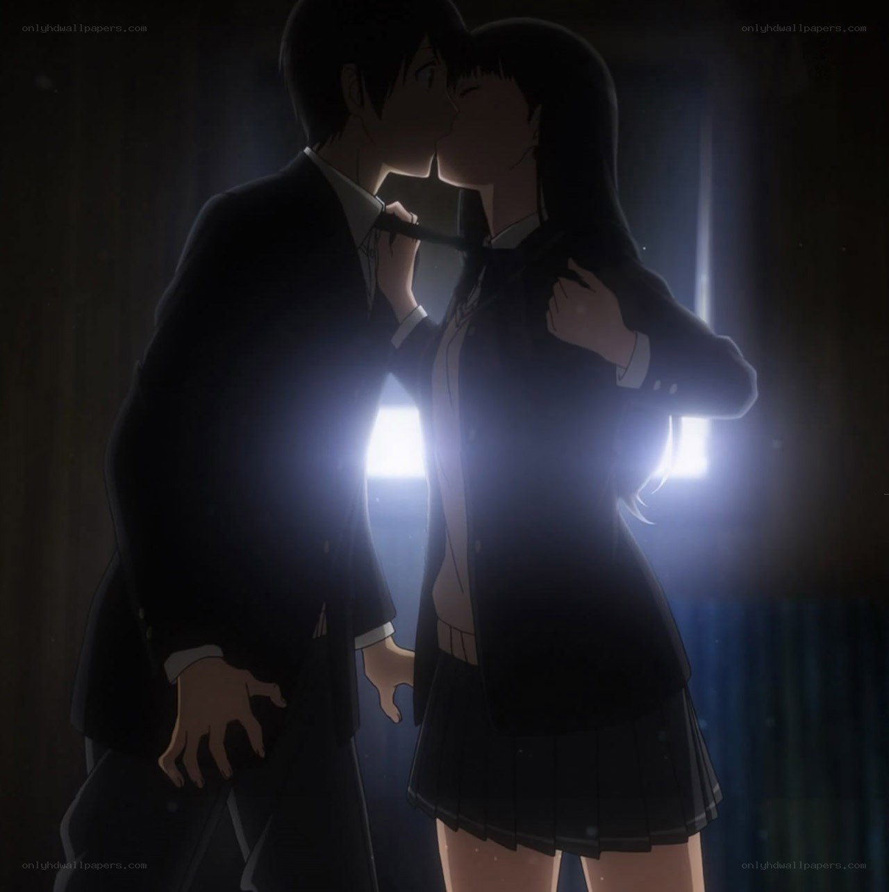 anime couple kissing in light