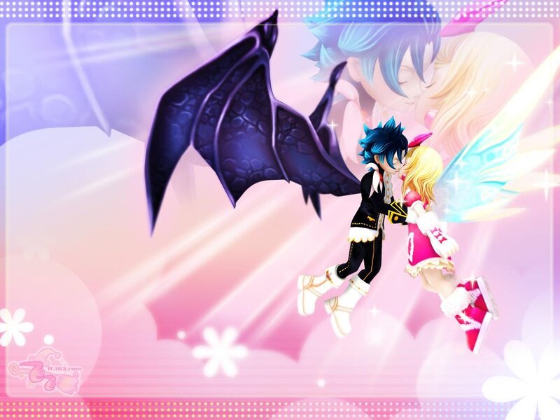 Anime couple kissing in sky
