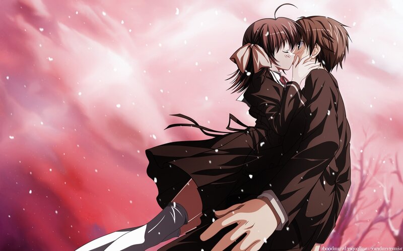 anime couple kissing in snow