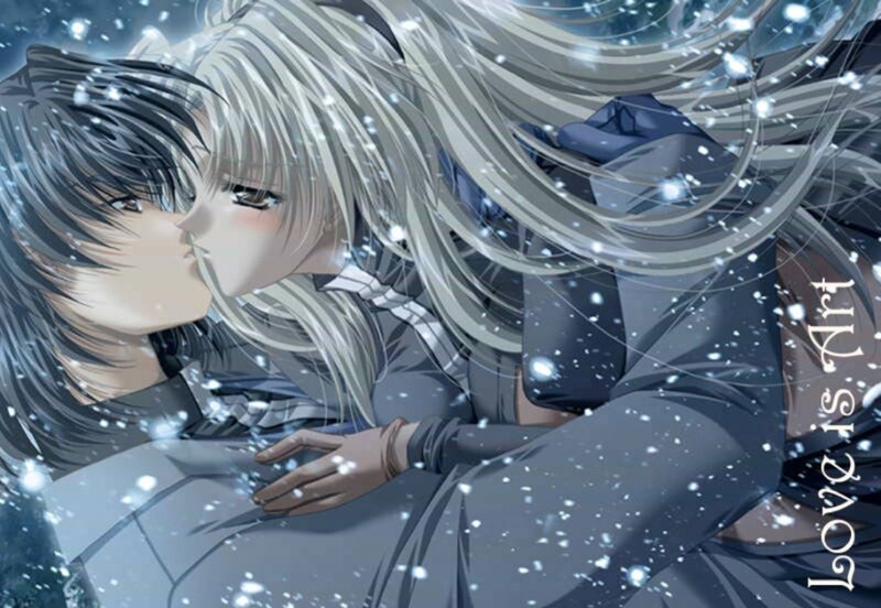 anime couple kissing in snow