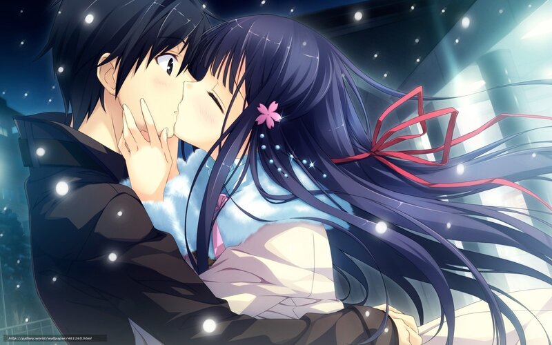 anime couple kissing in snow