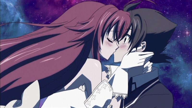 anime couple kissing in space