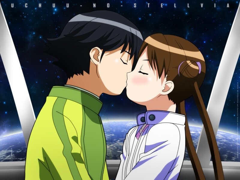 anime couple kissing in space