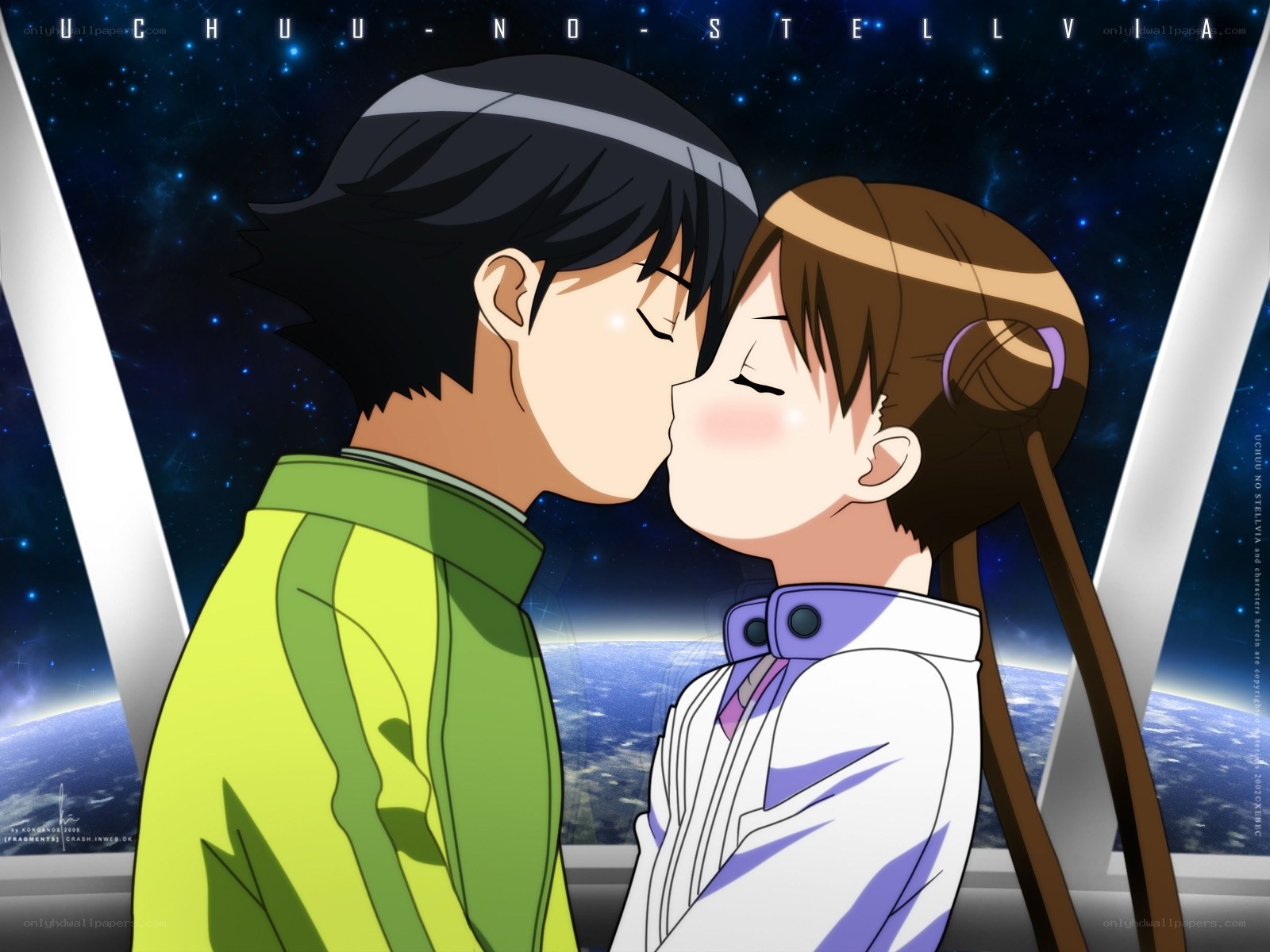 anime couple kissing in space