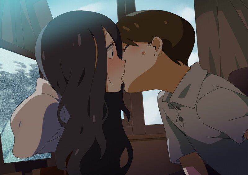 anime couple kissing in train