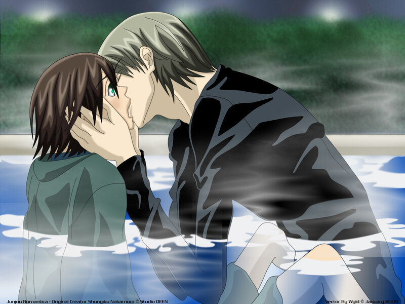 anime couple kissing in water