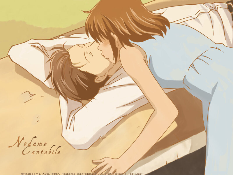 Anime couple kissing on bed