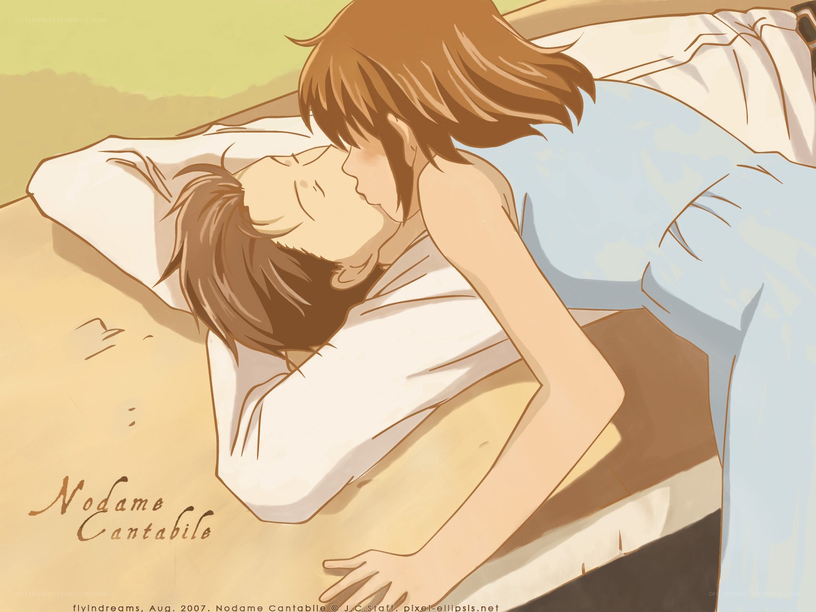 Anime couple kissing on bed