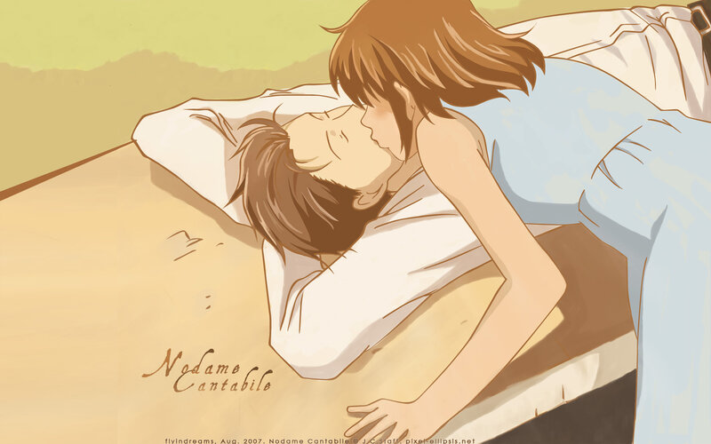 Anime couple kissing on bed