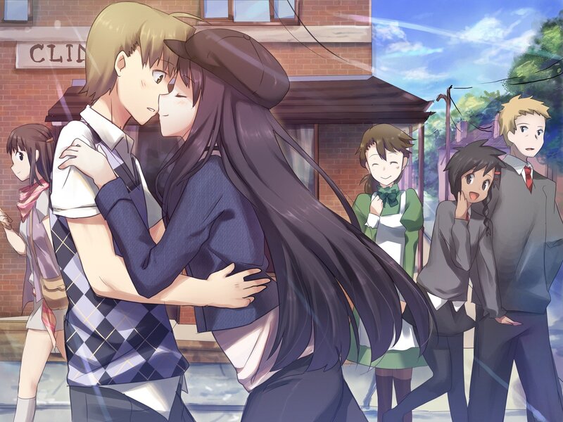 Anime couple kissing on street